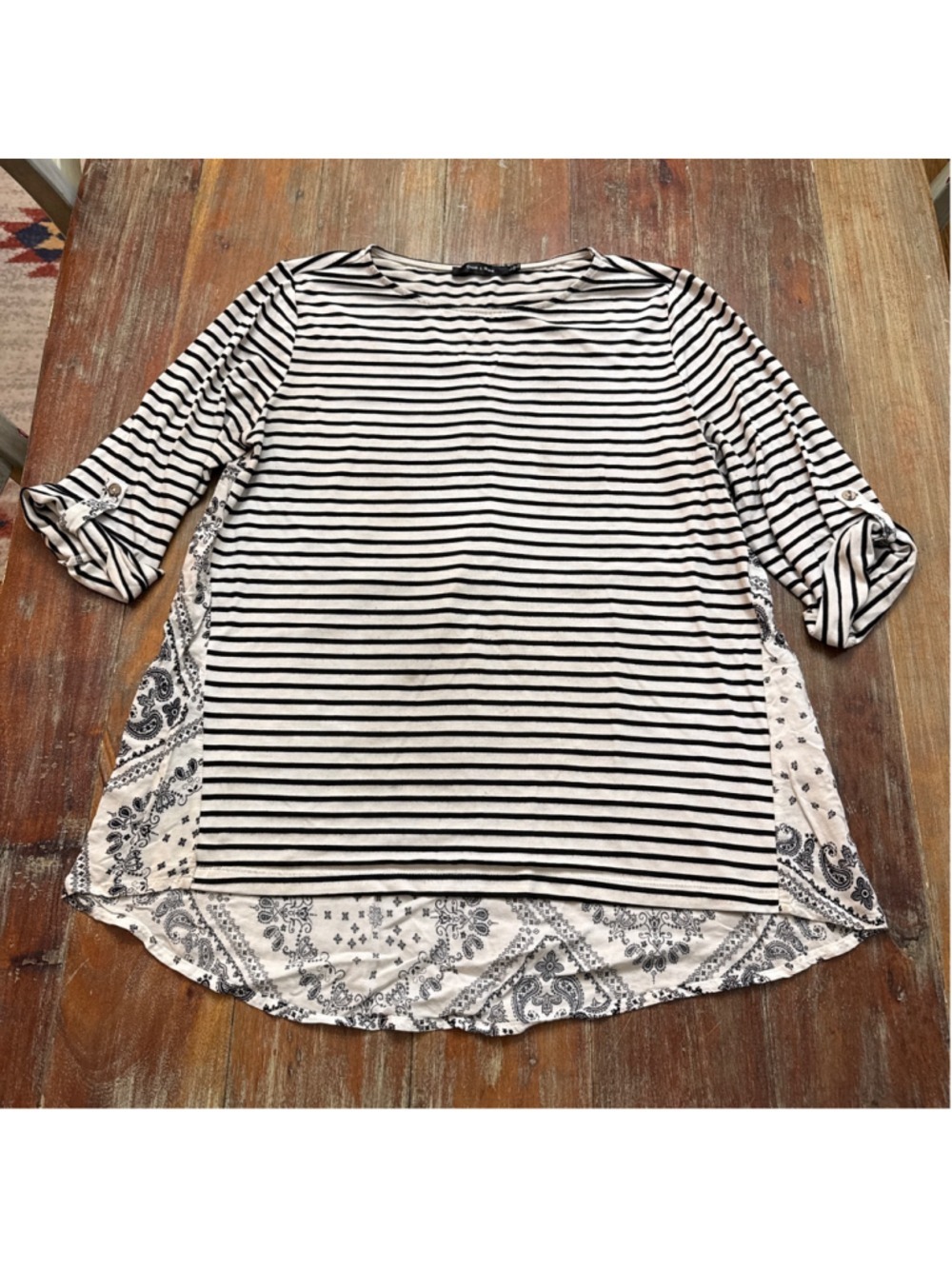 Doe & Rae Black White Striped Paisley Tunic Top Large